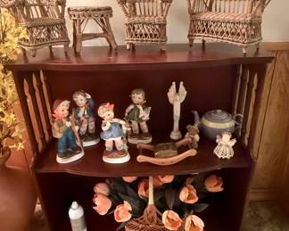 Vintage Wicker Doll Furniture Set and Figurines on Shelf