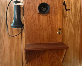 Antique Oak Wall Mount Candlestick Telephone
