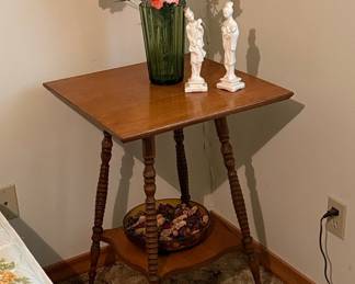 Antique Tiger Oak Bobbin Leg Two-Tier Table