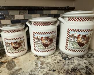 Farmhouse Rooster Ceramic Canister Set and Stoneware Measuring Jugs