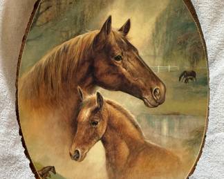 Horse and Foal Wood Slice Art by Fred Stone Style