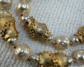 Double Strand Faux Pearl and Gold Tone Necklace
