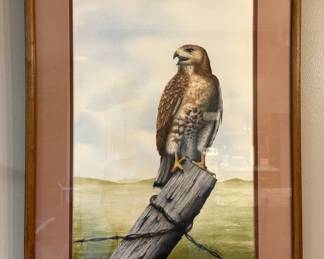 Ken Franklin 'Hawk on a Post' Watercolor