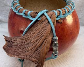 Handmade Gourd Decorative Vessel with Tassel and Silver-Toned Bead