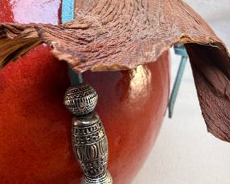 Handmade Gourd Decorative Vessel with Tassel and Silver-Toned Bead