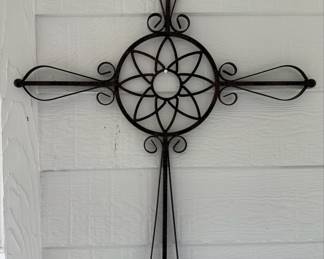 Wrought Iron Decorative Cross with Floral Medallion