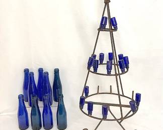 Vintage Iron Bottle Tree And Bottles