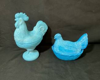 Blue Milk Glass Rooster and Chicken