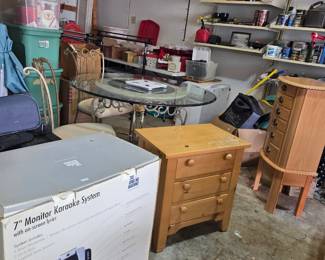 Karaoke machine, jewelry stand, end table, glass top table and chairs, garage items
