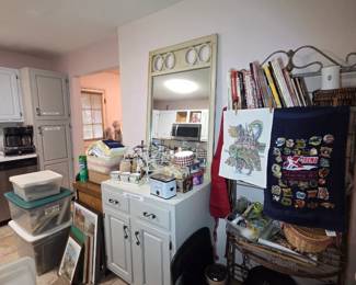 Softball collection pins, bakers rack, household items, kitchen items