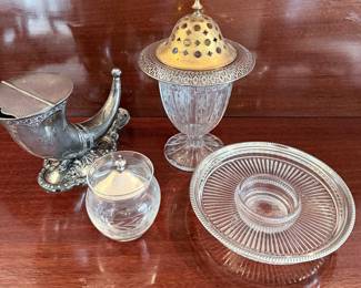 Reed & Barton Silverplate Spoon Warmer, Pierced Sterling Rim Heisey Glass Vase