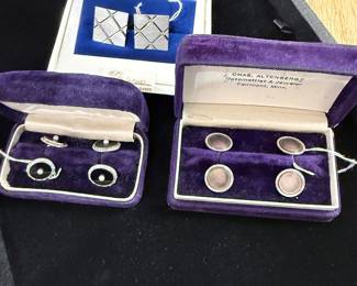 14k White Gold and Diamond Cufflinks, 14k Gold Onyx and Pearl Cufflinks, and 14k Gold and Abalone Cufflinks