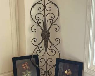 Scrolled Metal Wall Hanging  Floral Framed Print Pair