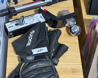 Leather riding gloves, car/truck hitch, Schwinn tire pump