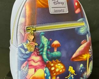 Loungefly Disney Alice in Wonderland Mushroom Caterpillar mini backpack featuring a vibrant scene of