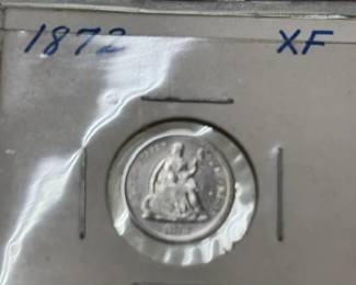 Coins include Seated dimes and half dimes Indian head cents Barber half dollars, quarters, and dimes including a 1892 1st year of issue Seated Liberty coins including a 1840 Seated Liberty dollar coin A large variety of Buffalo nickels nickels including a possible Legend coin 1937 3-leg buffalo Shield nickels including 1866 1st year of issue 1946 Booker T half dollar 1st Edition