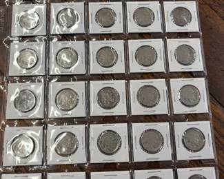 Coins include Seated dimes and half dimes Indian head cents Barber half dollars, quarters, and dimes including a 1892 1st year of issue Seated Liberty coins including a 1840 Seated Liberty dollar coin A large variety of Buffalo nickels nickels including a possible Legend coin 1937 3-leg buffalo Shield nickels including 1866 1st year of issue 1946 Booker T half dollar 1st Edition