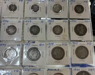 Coins include Seated dimes and half dimes Indian head cents Barber half dollars, quarters, and dimes including a 1892 1st year of issue Seated Liberty coins including a 1840 Seated Liberty dollar coin A large variety of Buffalo nickels nickels including a possible Legend coin 1937 3-leg buffalo Shield nickels including 1866 1st year of issue 1946 Booker T half dollar 1st Edition