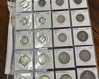 Coins include Seated dimes and half dimes Indian head cents Barber half dollars, quarters, and dimes including a 1892 1st year of issue Seated Liberty coins including a 1840 Seated Liberty dollar coin A large variety of Buffalo nickels nickels including a possible Legend coin 1937 3-leg buffalo Shield nickels including 1866 1st year of issue 1946 Booker T half dollar 1st Edition