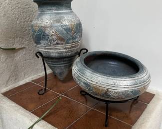 Vintage southwestern pottery set with metal stands