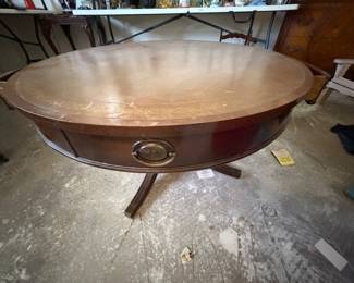 Vintage swivel two drawer leather top barrel table