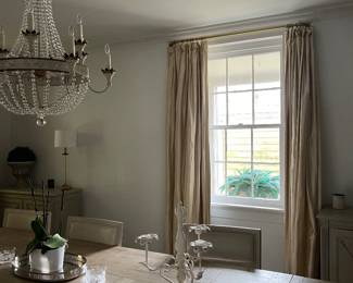 dining table, julie neill chandelier, custom julie neill silk drapes