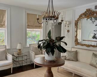 everything in this photo for sale. furniture, lighting, rugs, window treatments
