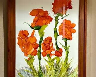 Abstract floral painting with orange flowers 