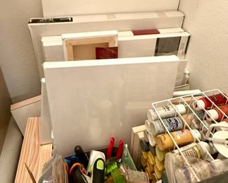 Assorted art supplies, paint, canvas , brushes 
