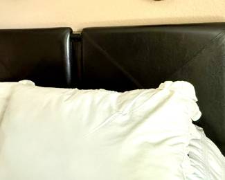 $400 / faux leather queen headboard , frame + 2 mattresses 
