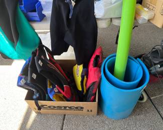 Water toys, and lifejackets and wet suits