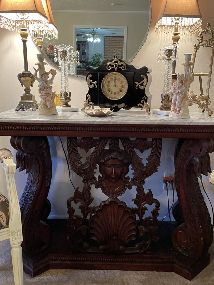 Marble top console table, clock