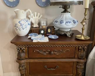 Bedside table; GWTW lamp; Wedgwood