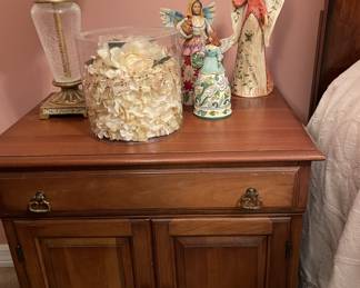 Bedside table; Jim Shore angels