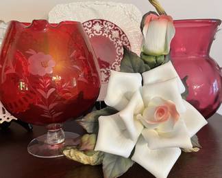 Cranberry glass & huge porcelain rose