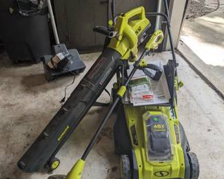 Battery lawn mower, blower vac, and trimmer