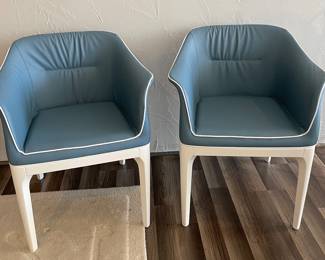 $875 for the Pair.  Mivida Armchair, White Frame with Lavanda Leather - 2 Available, Sold as a Pair . 25.6” x 22” x31.5”