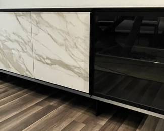 $2,995 Aira Sideboard, 4 Door, Black Structure and Extra Clear Transparent/Marble Style  Doors.  80”x17.75”x29.25”