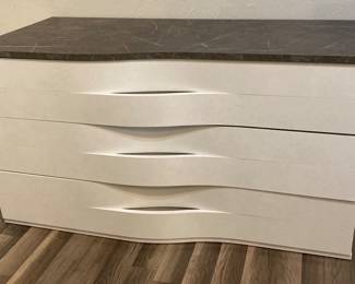 $225 White Dresser with Dark Grey Marble Style Top.  53” x 20.75” x 29” Drawer Misaligned