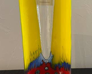 Kaleidoscopio Vase with Yellow, Blue & Red Shield.  12.5” H