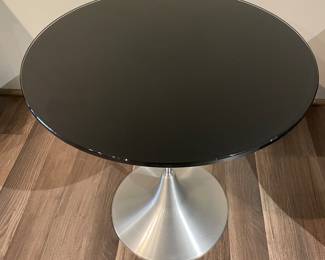 $120. Side Table, Brushed Chrome Base with Round Black Glass Top, 20.5” H.