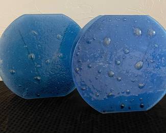 Double Disc Blue Bubble Glass Vase - 2 Available. 1 has damage 