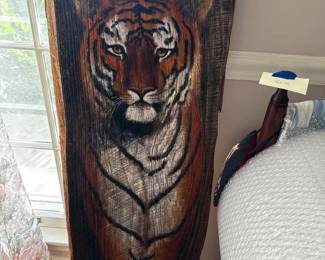 hand painted tiger on old wood