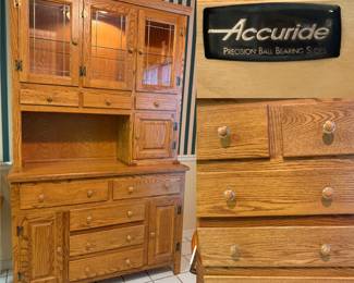 Honey Oak Lighted 2pc Hutch with Accuride Precision Ball Bearing Slide drawers
