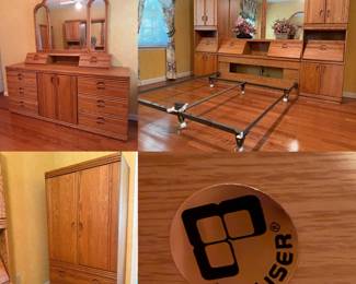 Palliser oak bedroom set with queen bookcase headboard unit with a light-up mirrored bridge