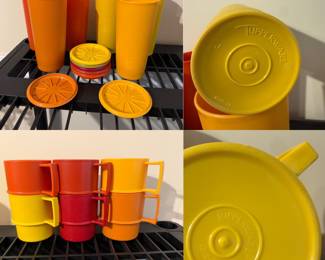 1970’s Vintage Set Of 6 Tupperware Harvest Tumblers Cups W/ Coasters, Vintage 1970's Tupperware Stackable Nesting Mugs with Handles Camping Cups ( 6 )