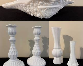 Kemple Milk Glass "Flower & V-Cane" Oblong Sawtooth Edge Bowl, Pair Fenton thumbprint milk glass candlestick holders