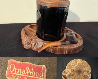 Syroco Wood Tabacco Pipe Holder & Black Amethyst Humidor Glass Jar w/ Carved Lid OrnaWood