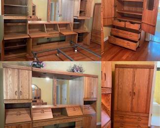 Palliser oak bedroom set with queen bookcase headboard unit with a light-up mirrored bridge, triple-mirror dresser and a tall armoire