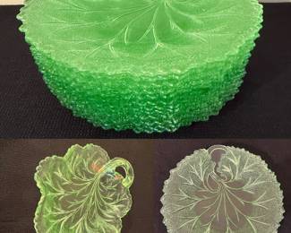 Indiana Glass Pebble Leaf Uranium Plate Twiggy Green Depression Glass Salad Plates